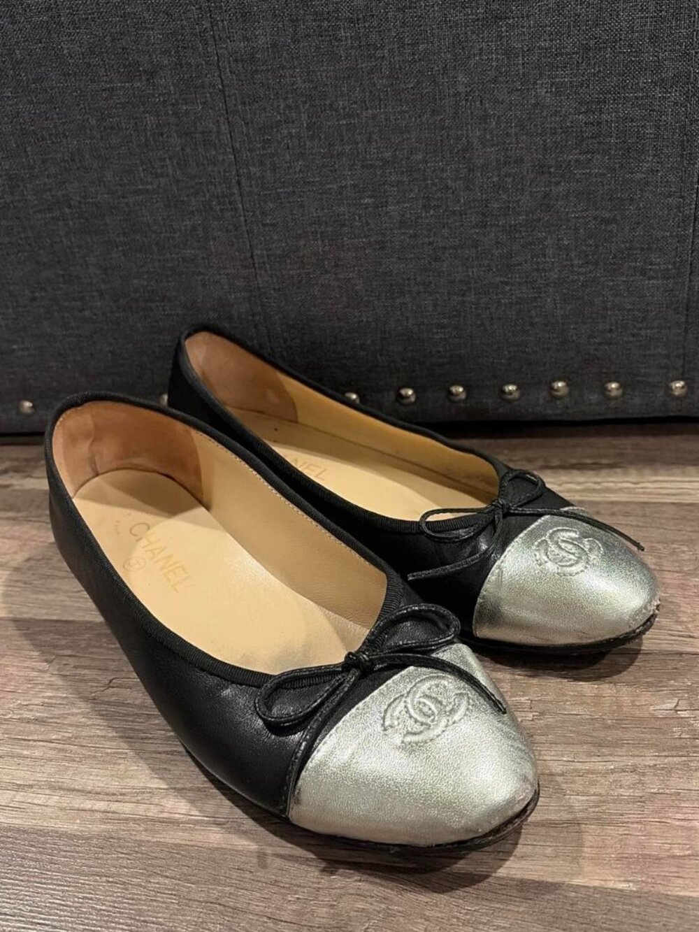 Chanel Black And Silver Leather CC Cap Toe Ballet Flats